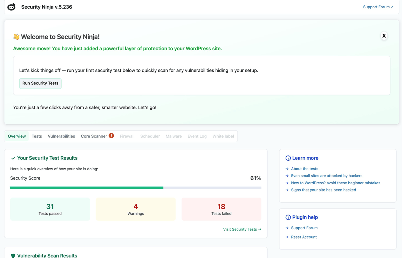 Security Ninja test results are simple and easy to read.