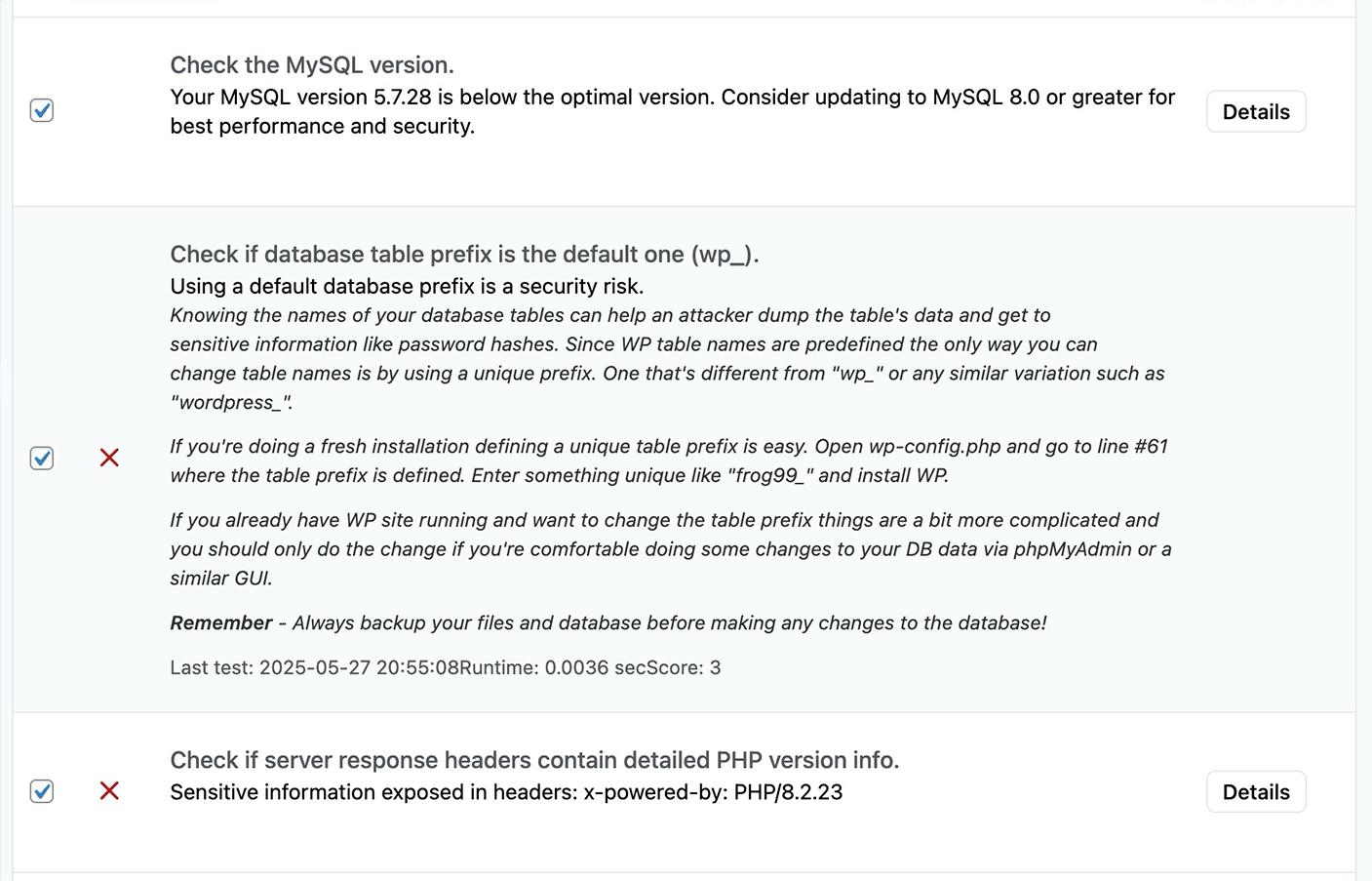Vulnerable plugins list with details and recommendations - prevent known exploits in plugins.