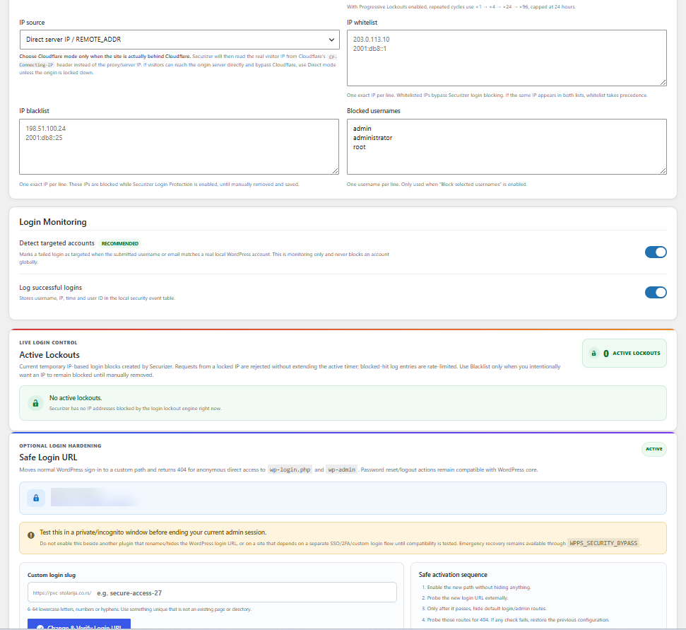 Login Protection with IP handling, targeted-account monitoring, active lockouts and Safe Login URL.