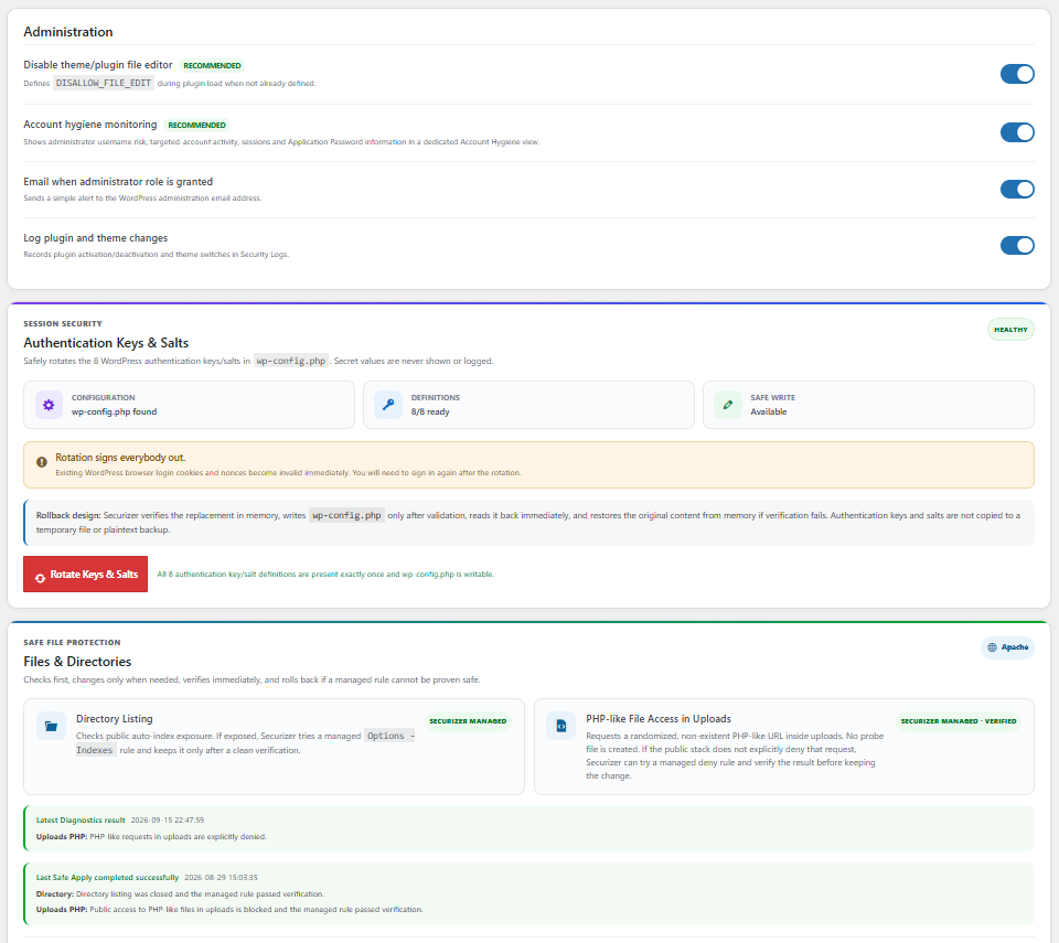 Administrative hardening, Authentication Keys & Salts rotation, and Safe File Protection.