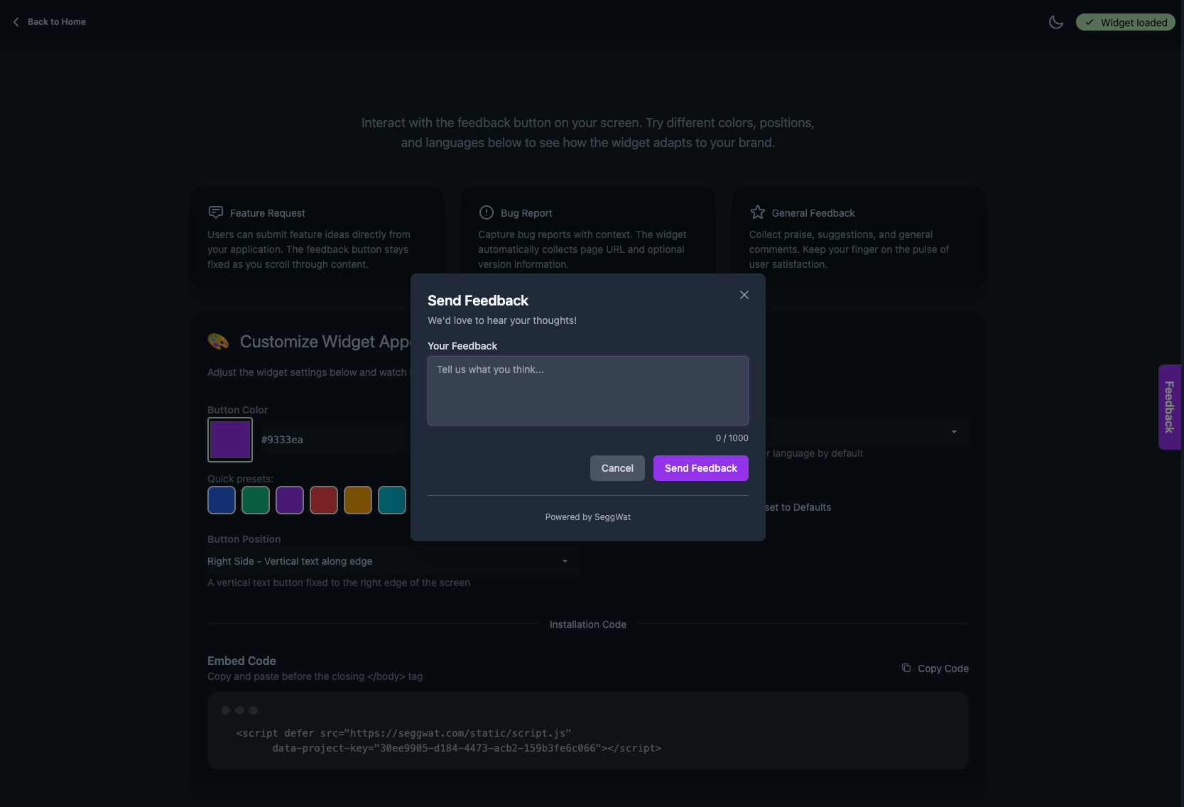 Feedback widget on the frontend (right side position)