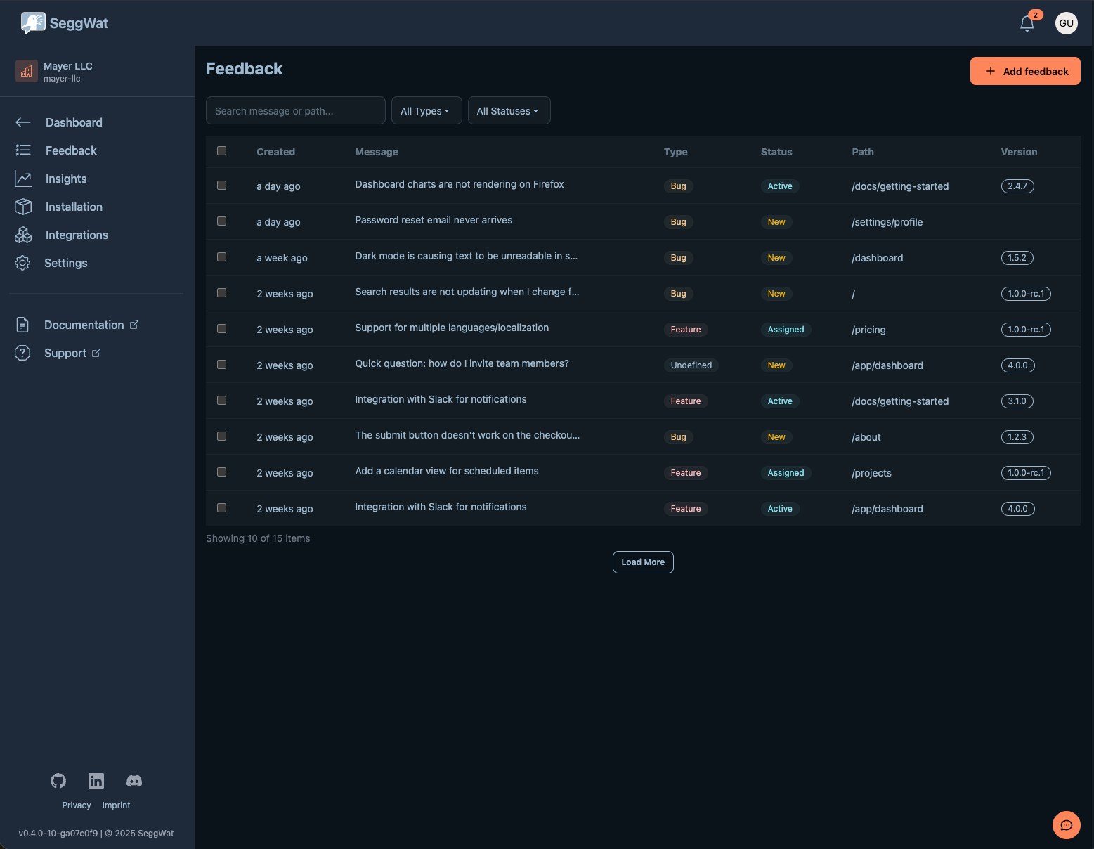 Feedback overview page on SeggWat dashboard