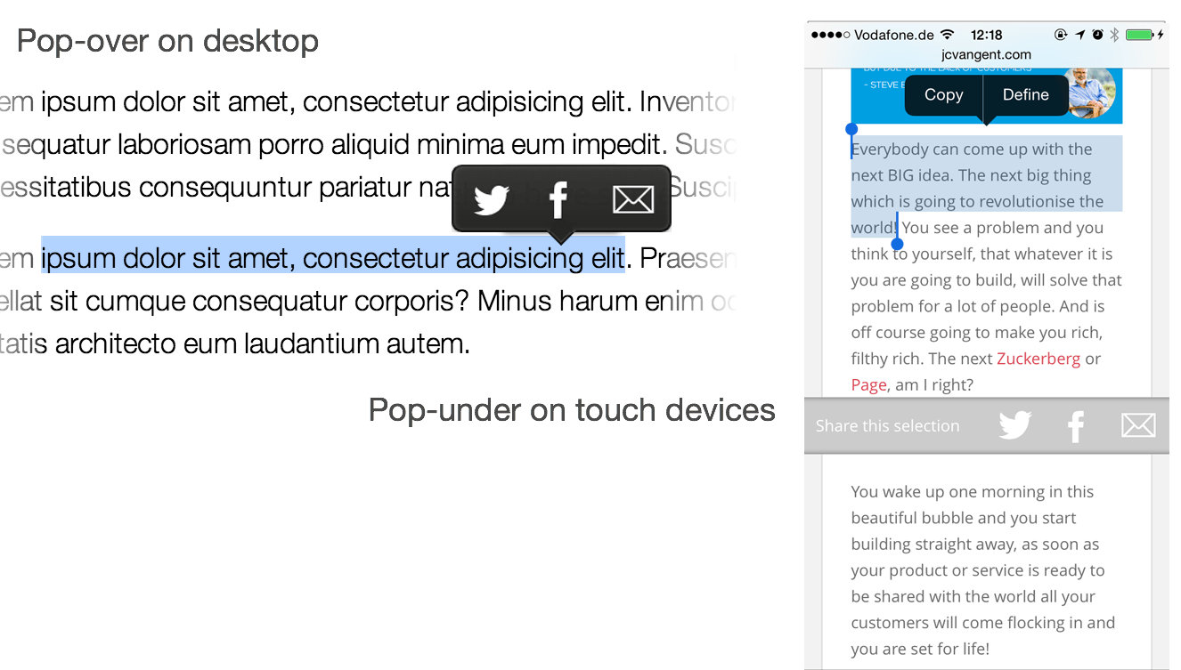 Example of the plugin in action both as pop-over (desktop) and pop-under (mobile devices)