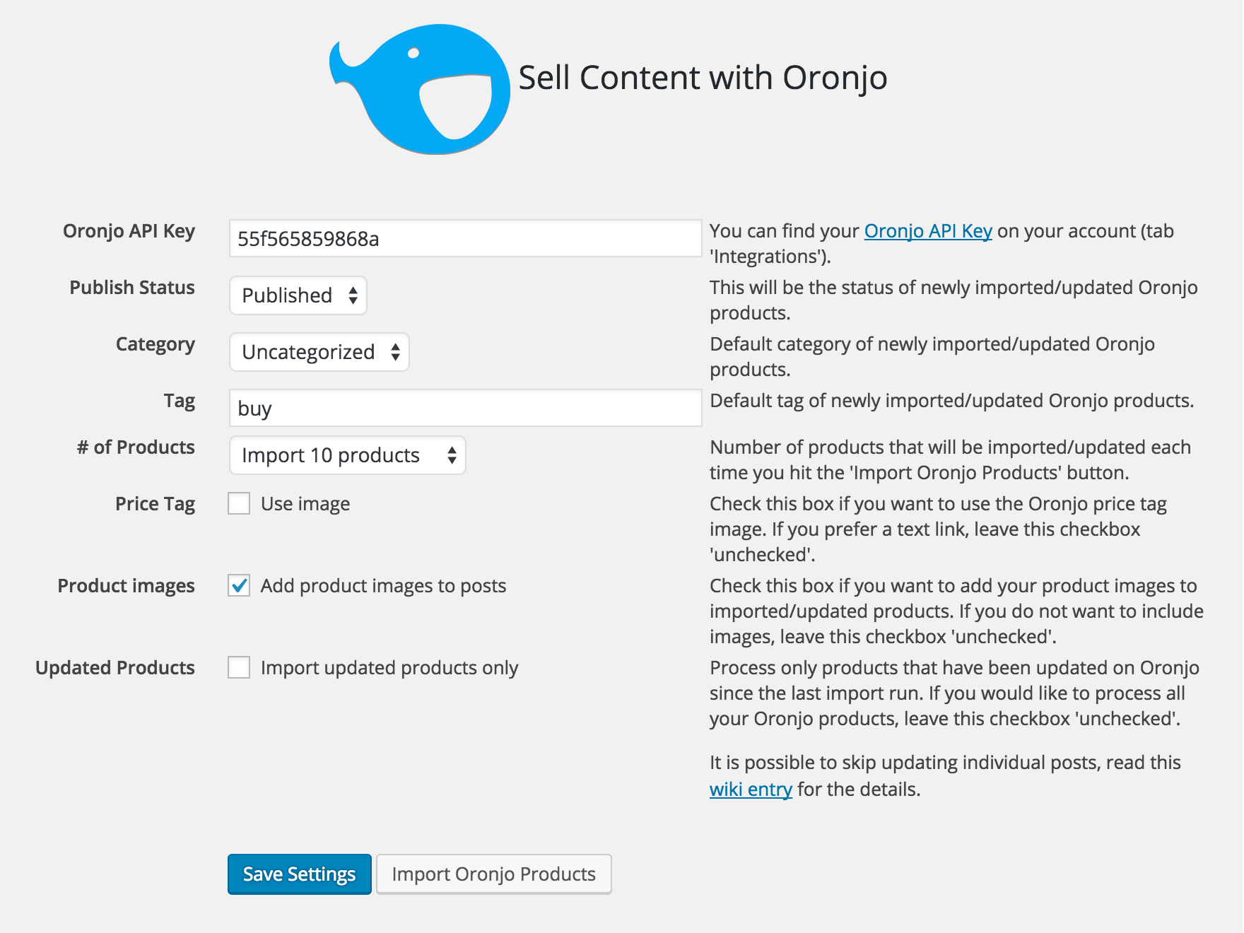 Enter your settings in the Oronjo Plugin Settings panel