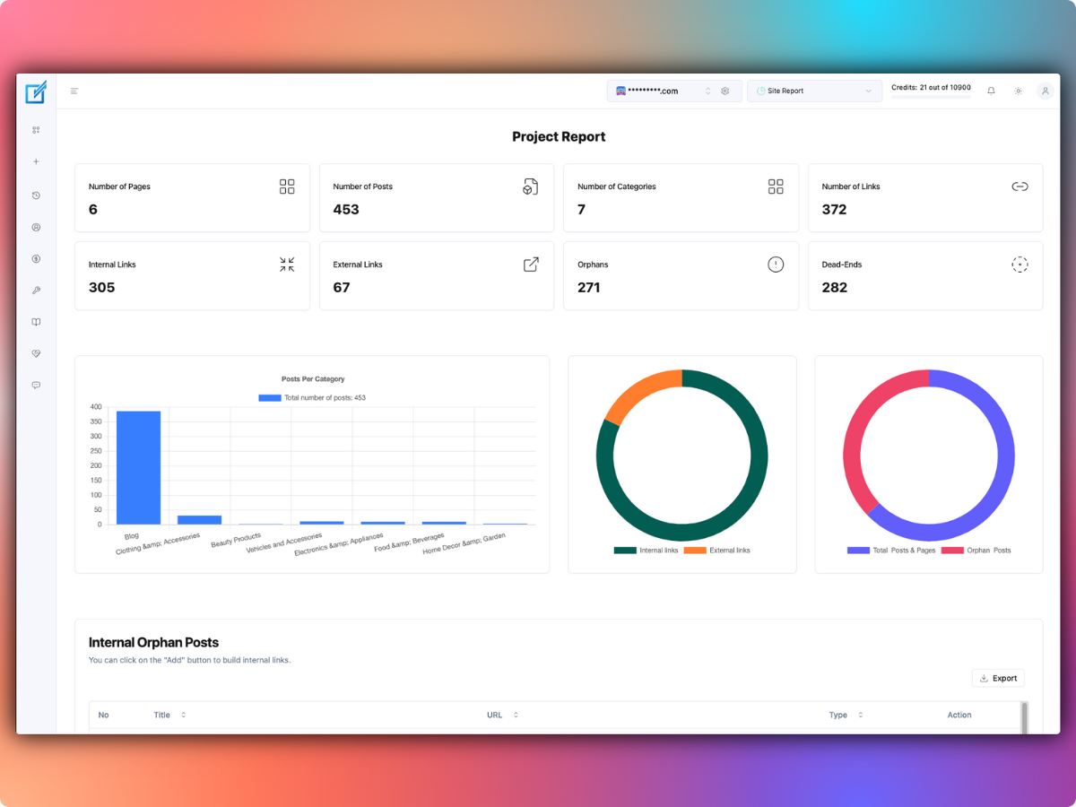**Link Report Table** - Comprehensive link analysis with Link Flow Score and duplicate link detection