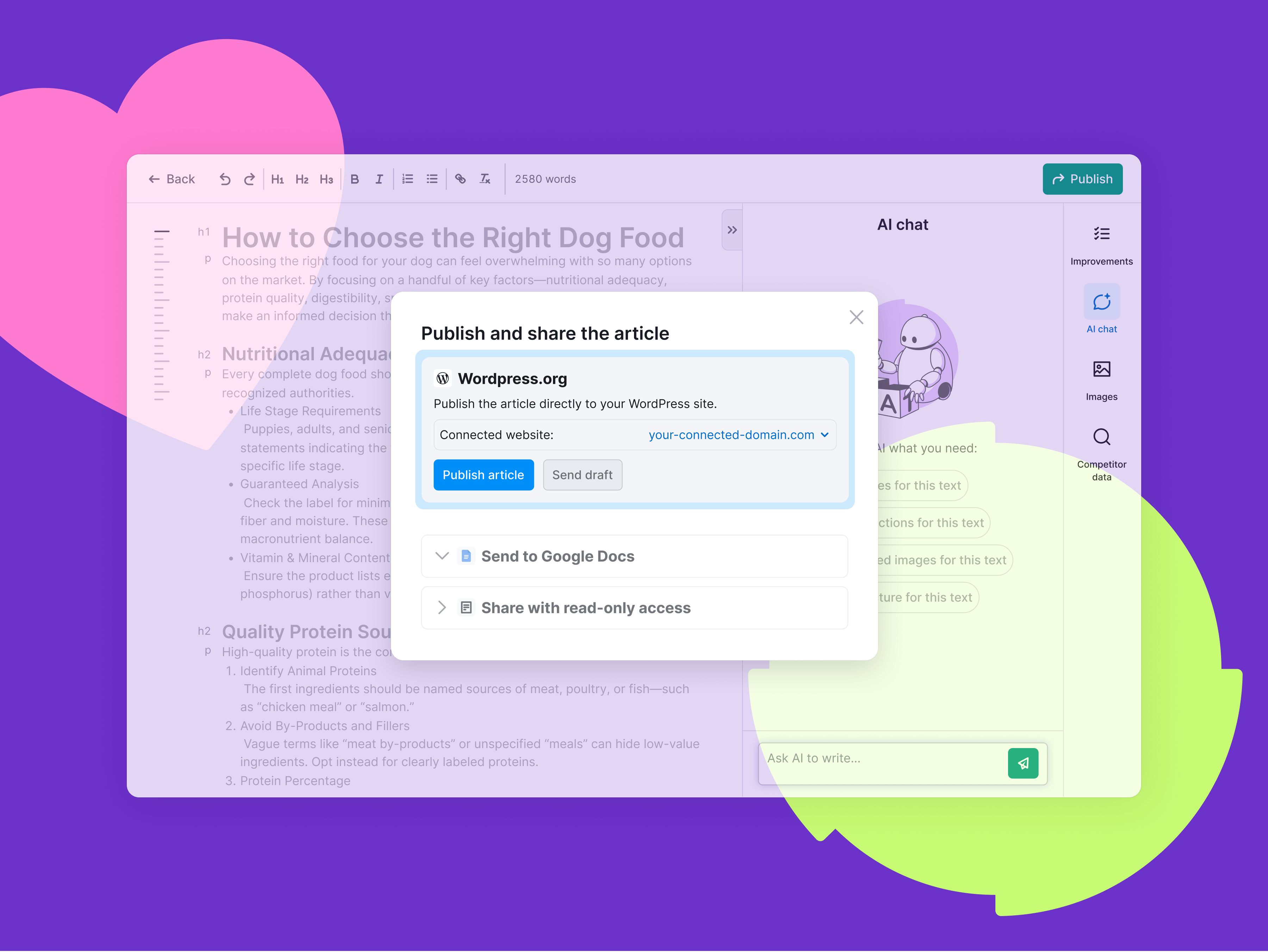 Publish articles directly to WordPress without leaving the tool