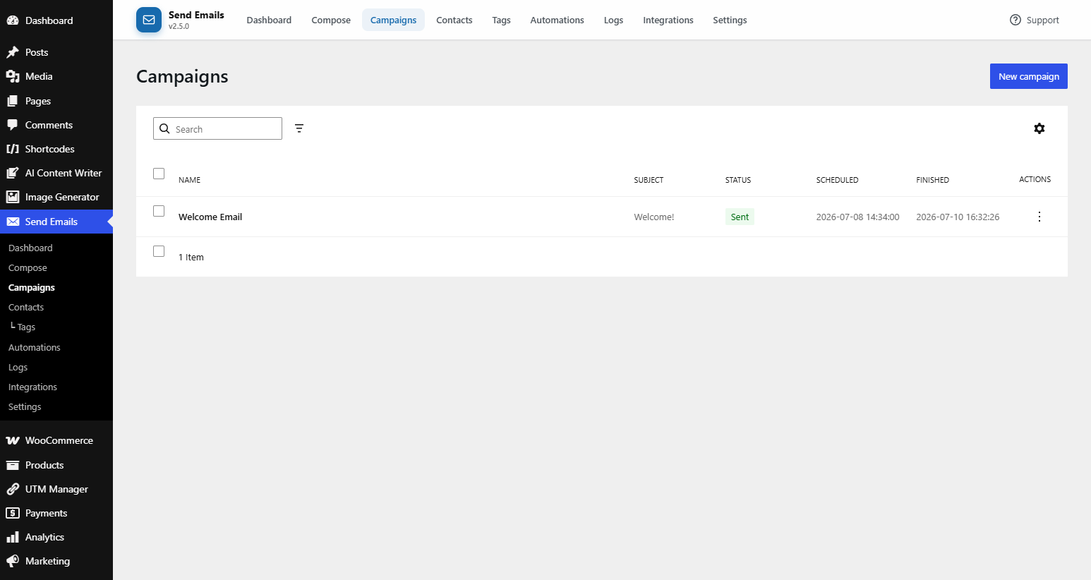 Campaigns — Manage and track email campaigns with detailed statistics.