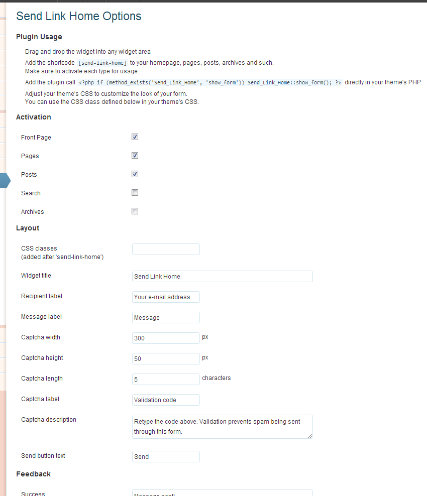 Upper part of the plugin back-end. The generated e-mail message can also be customized. All displayed text can be translated here.