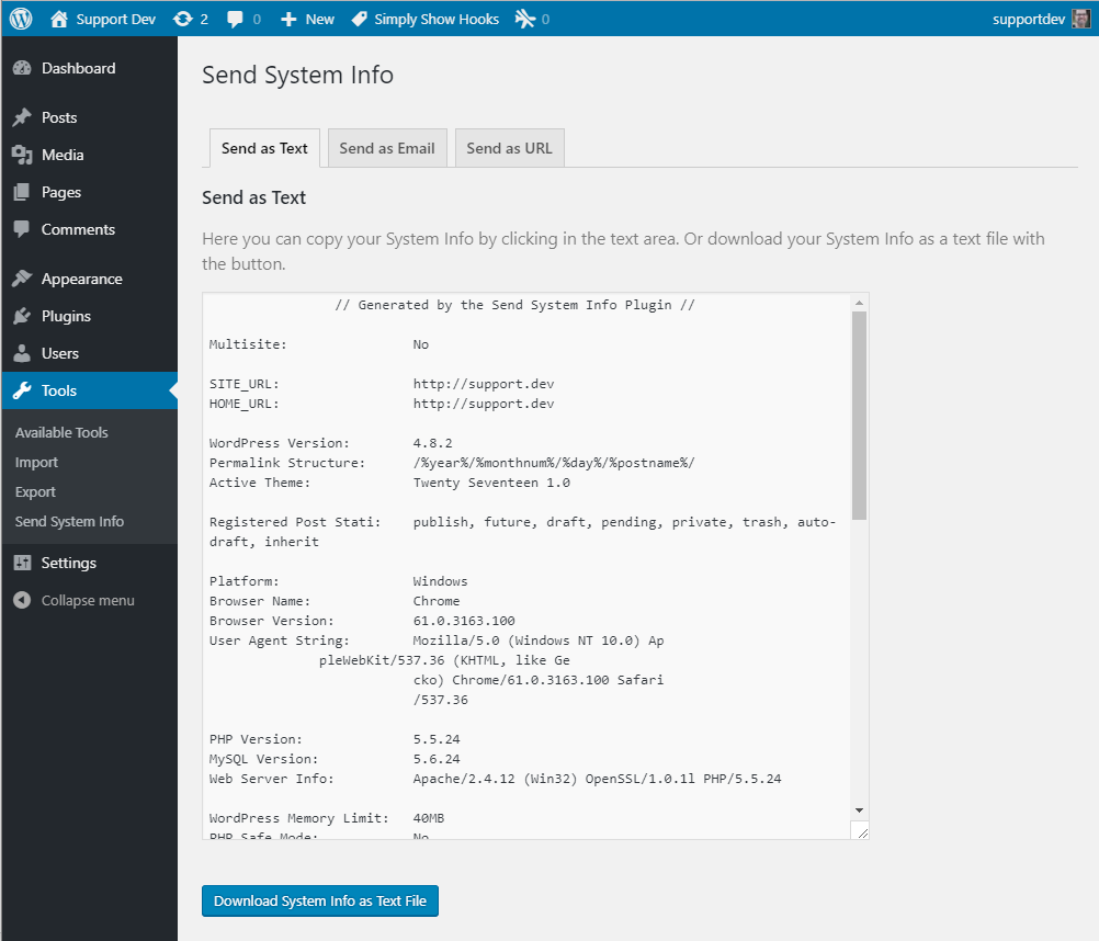 The Send System Info "Send as Text" Screen (Tools > Send System Info)