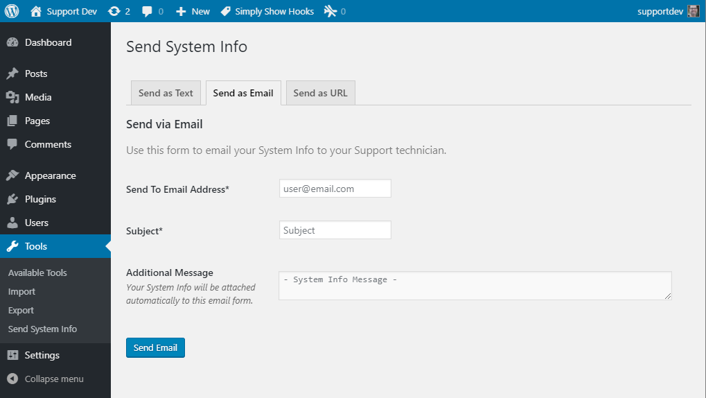 The "Send as Email" screen (Tools > Send System Info > Send as Email)