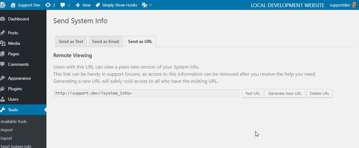 The "Send as URL" Screen and the actions available (Tools > Send System Info > Send as URL)