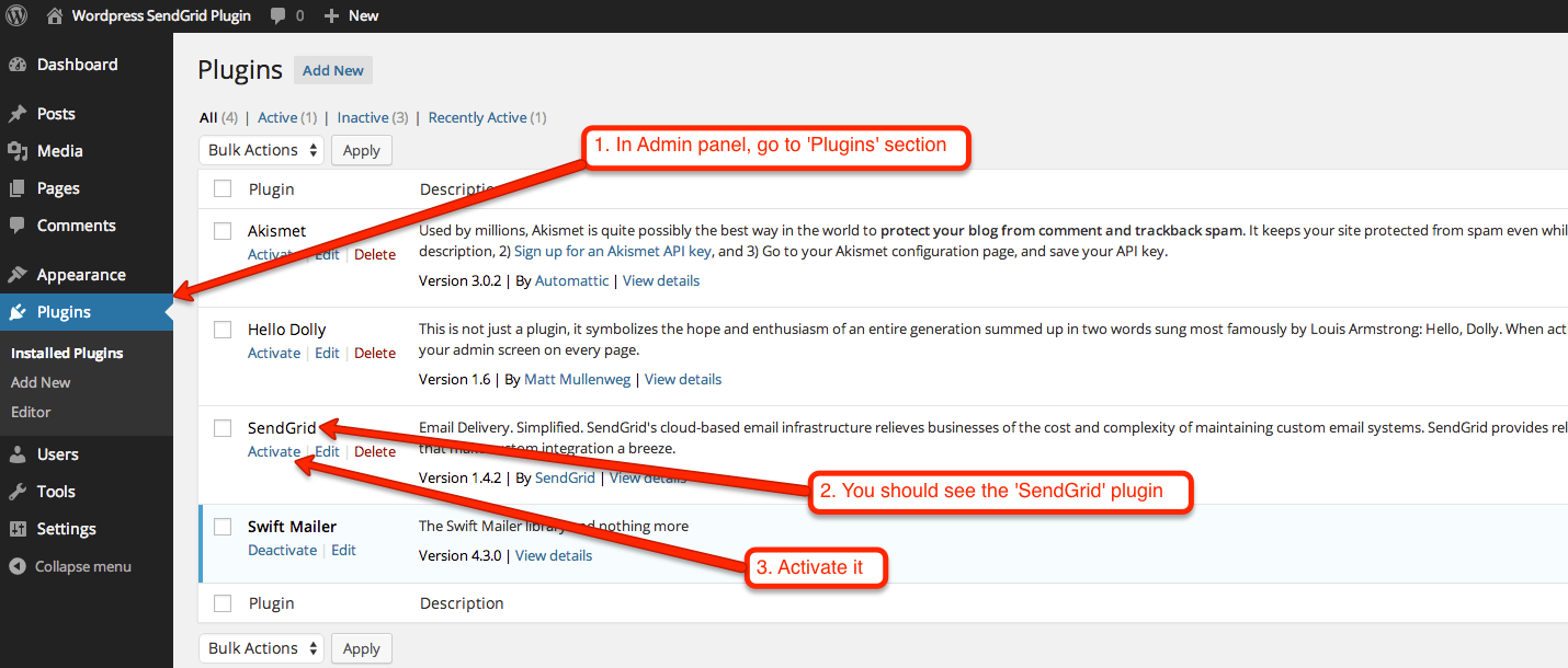 Go to Admin Panel, section Plugins and activate the SendGrid plugin. If you want to send emails through SMTP you need to install also the 'Swift Mailer' plugin.