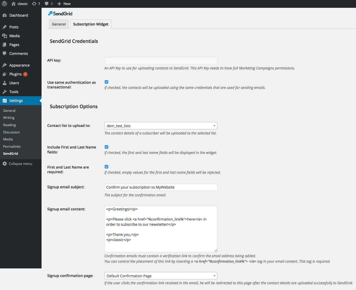 If you provide valid credentials, a form which can be used to send test emails will appear. Here you can test the plugin sending some emails.