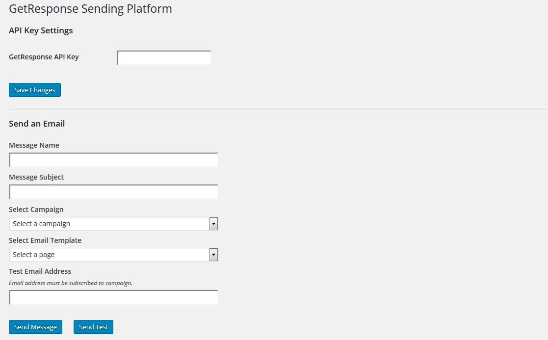 This is a screenshot of the main plugin page. From this page, a newsletter or other email can be sent through GetResponse.