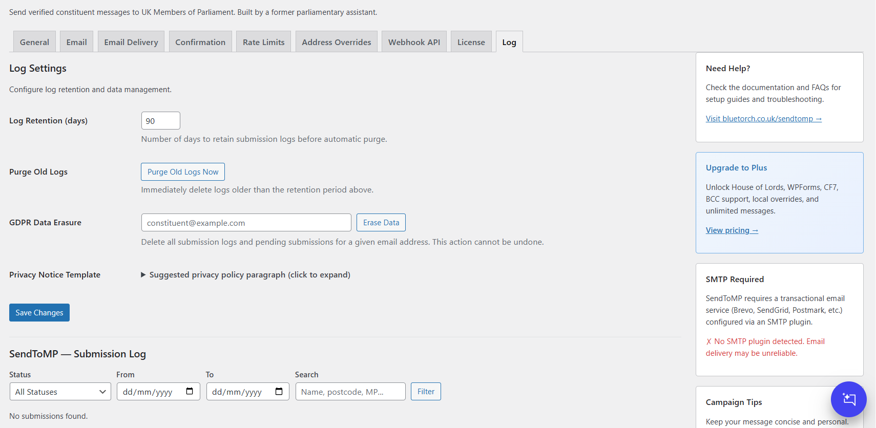 Settings page — configure your email templates, rate limits, and form field mappings