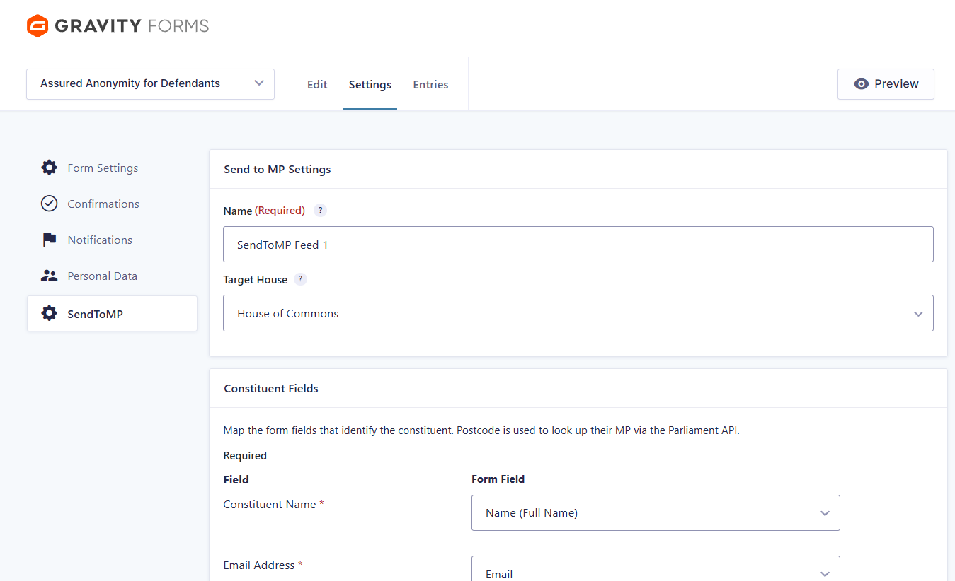 Configuring a Gravity Form feed to send submissions to your visitor's MP
