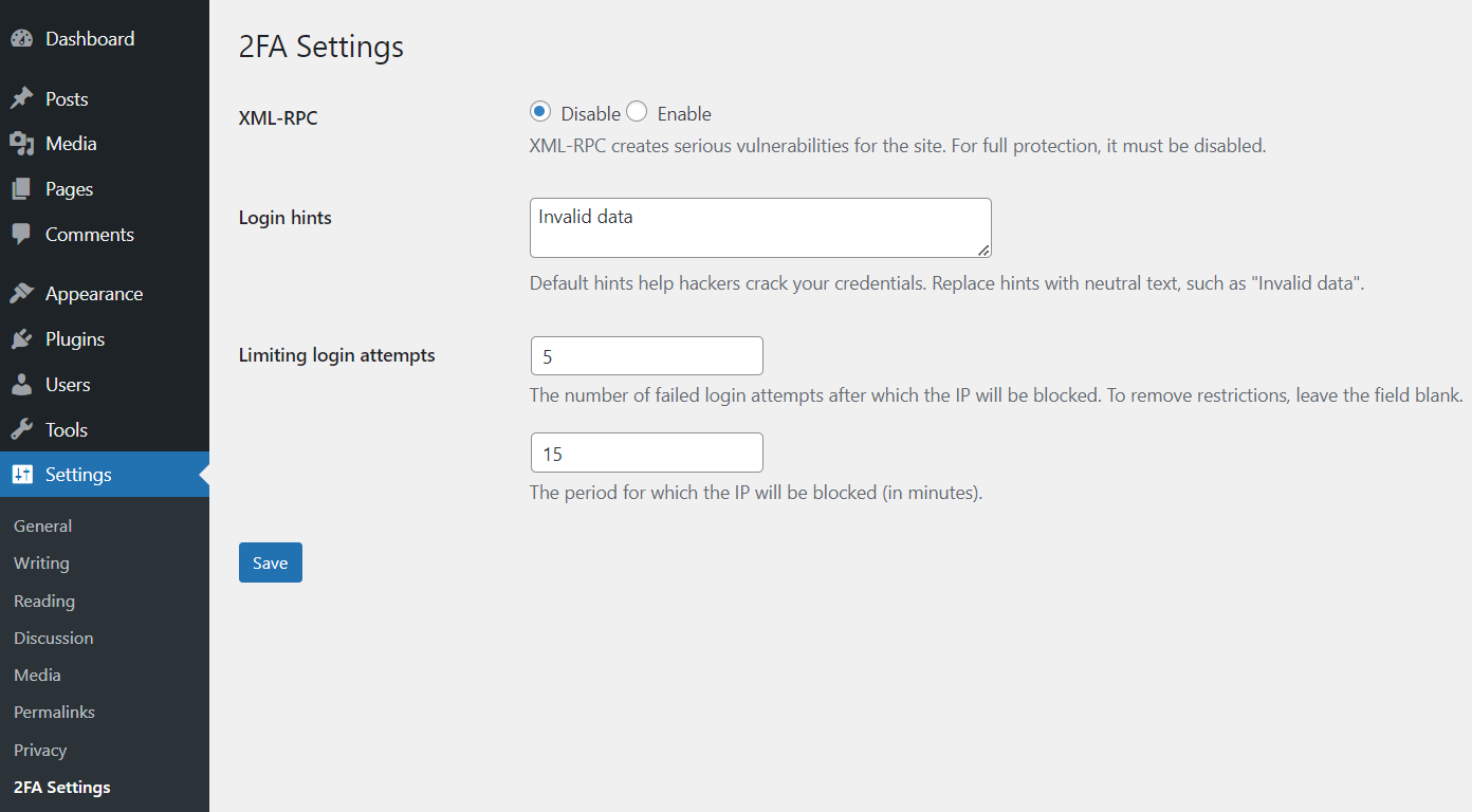 2FA Settings page