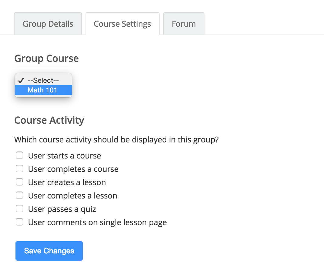 **Course Group Settings** - Add a course to a BuddyPress group and configure its activity actions.