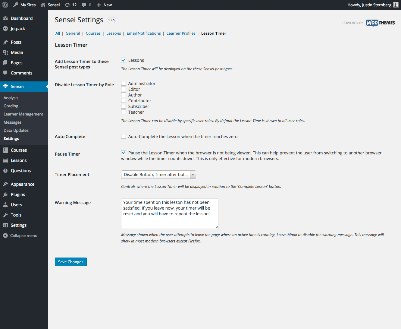 Admin Timer message. Under Sensei->Settings, at the center of the page, you will see a Warning message field. If provided, a warning message will display when a student learner tries to click away from the lesson page prior to timer reaching zero.