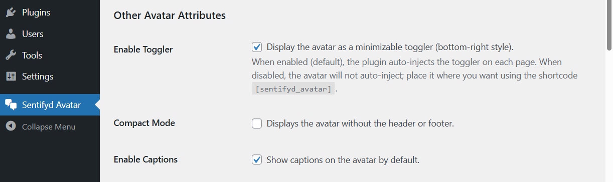 The admin panel additional avatar settings