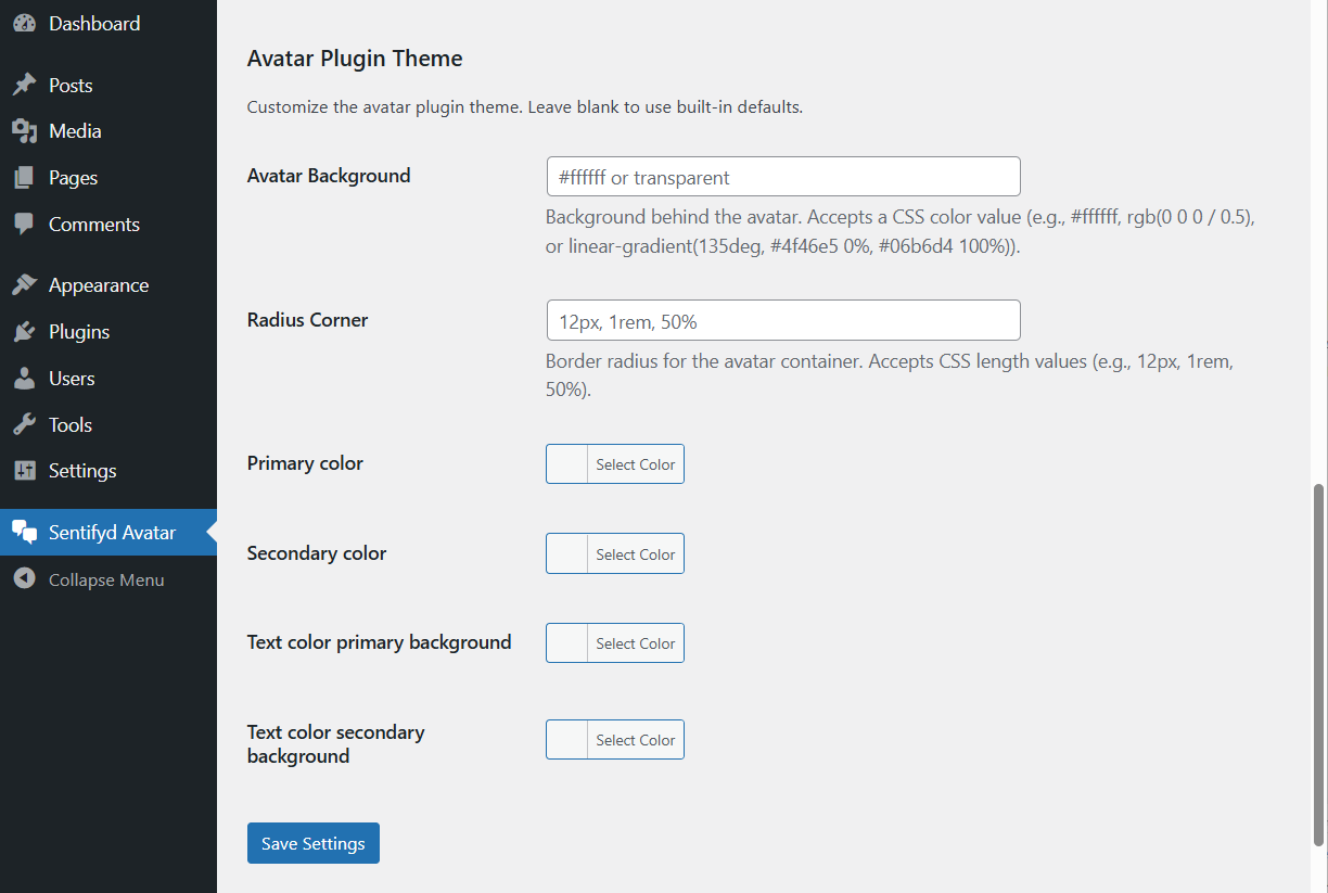 The admin panel plugin theme settings