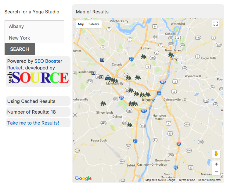The Administration page has a location for a Google Place & Google Maps API Key, a hard coded URI for a page containing the page that uses the SEO Booster Rocket shortcode, search cache age & an option to Show Support for the SEO Booster Rocket.