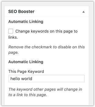 Finetune controls per page. Enter post keyword or turn off automatic linking.