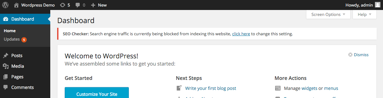 Screen shot of the dashboard warning message you see when search engines are blocked.