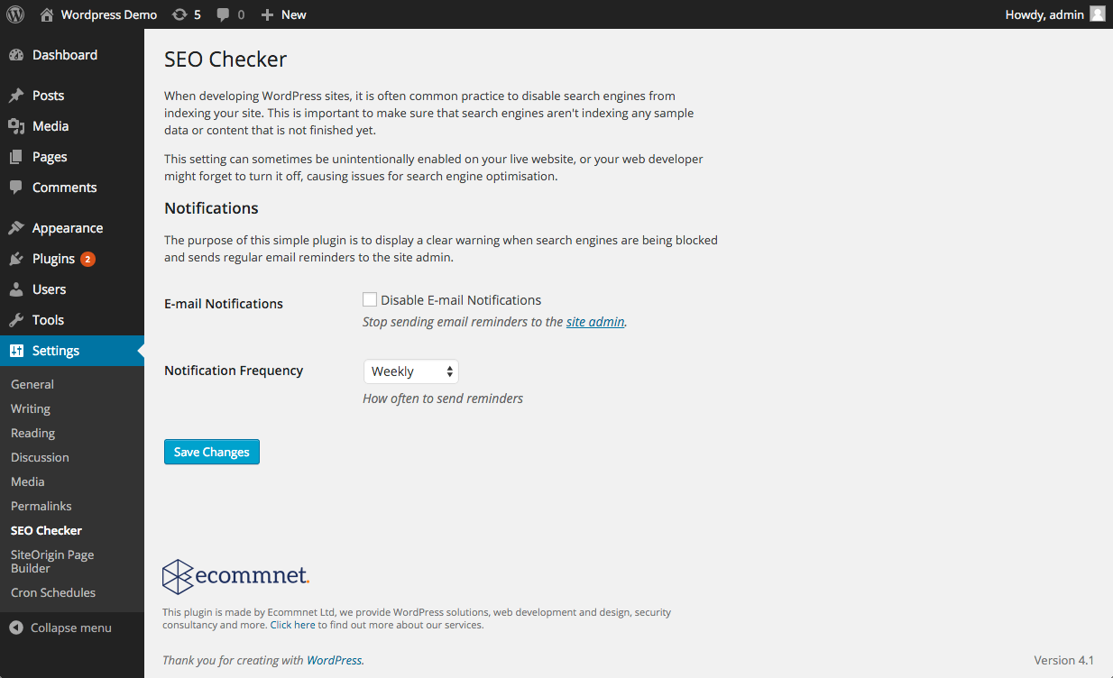 Screen shot of the plugin options panel and notification settings.