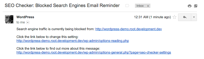Screen shot of an example email notification from the plugin.