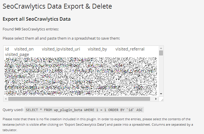 Exported data of Seo Crawlytics