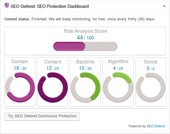 The SEO Protection Dashboard widget as seen in the WordPress administration.