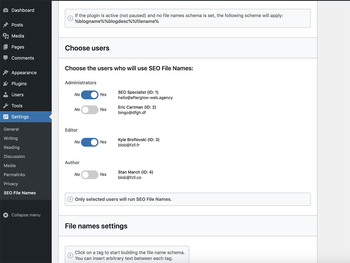 Set users who will use Seo File Names