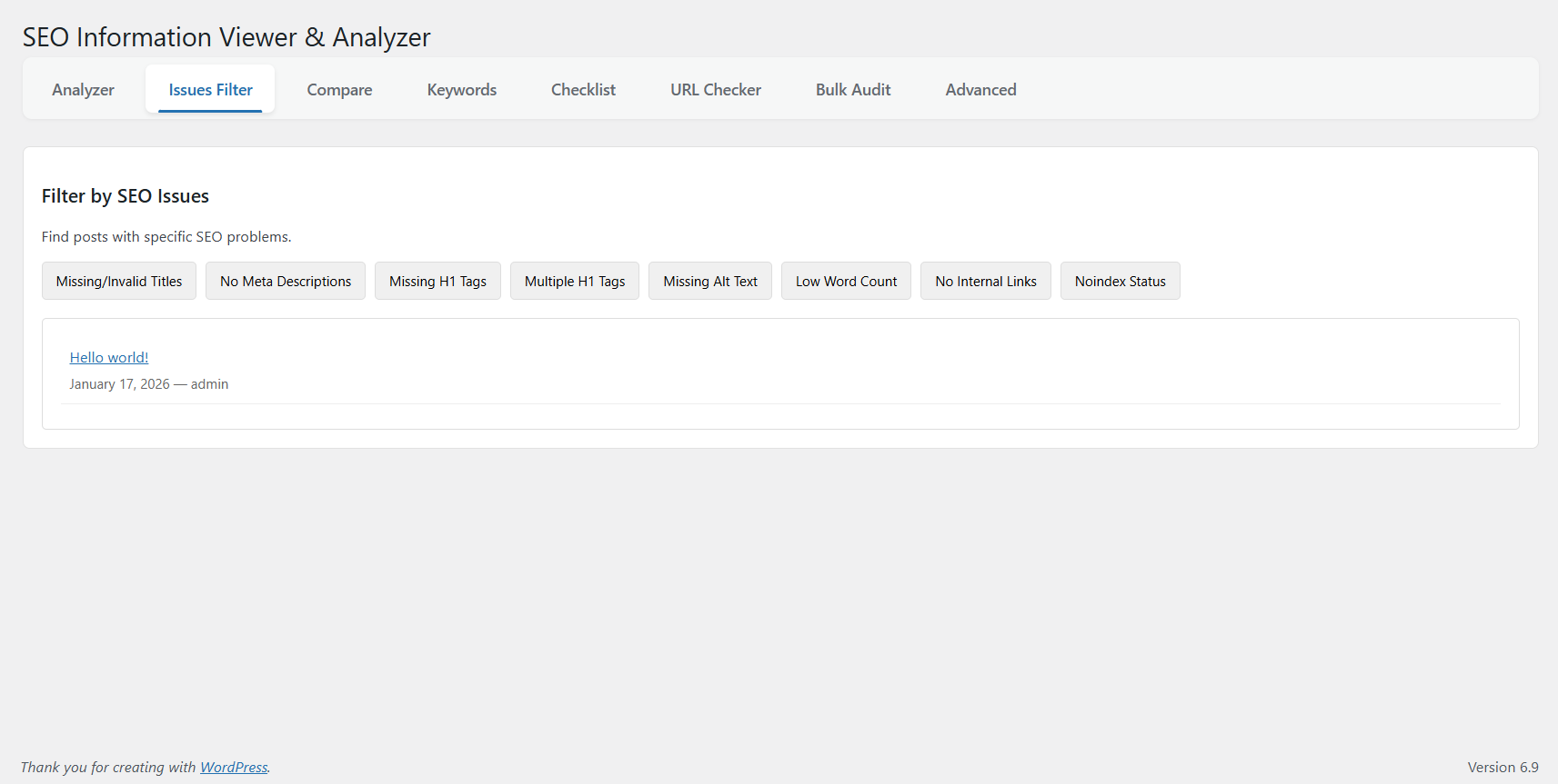 SEO Issues Filter to identify posts with specific SEO problems