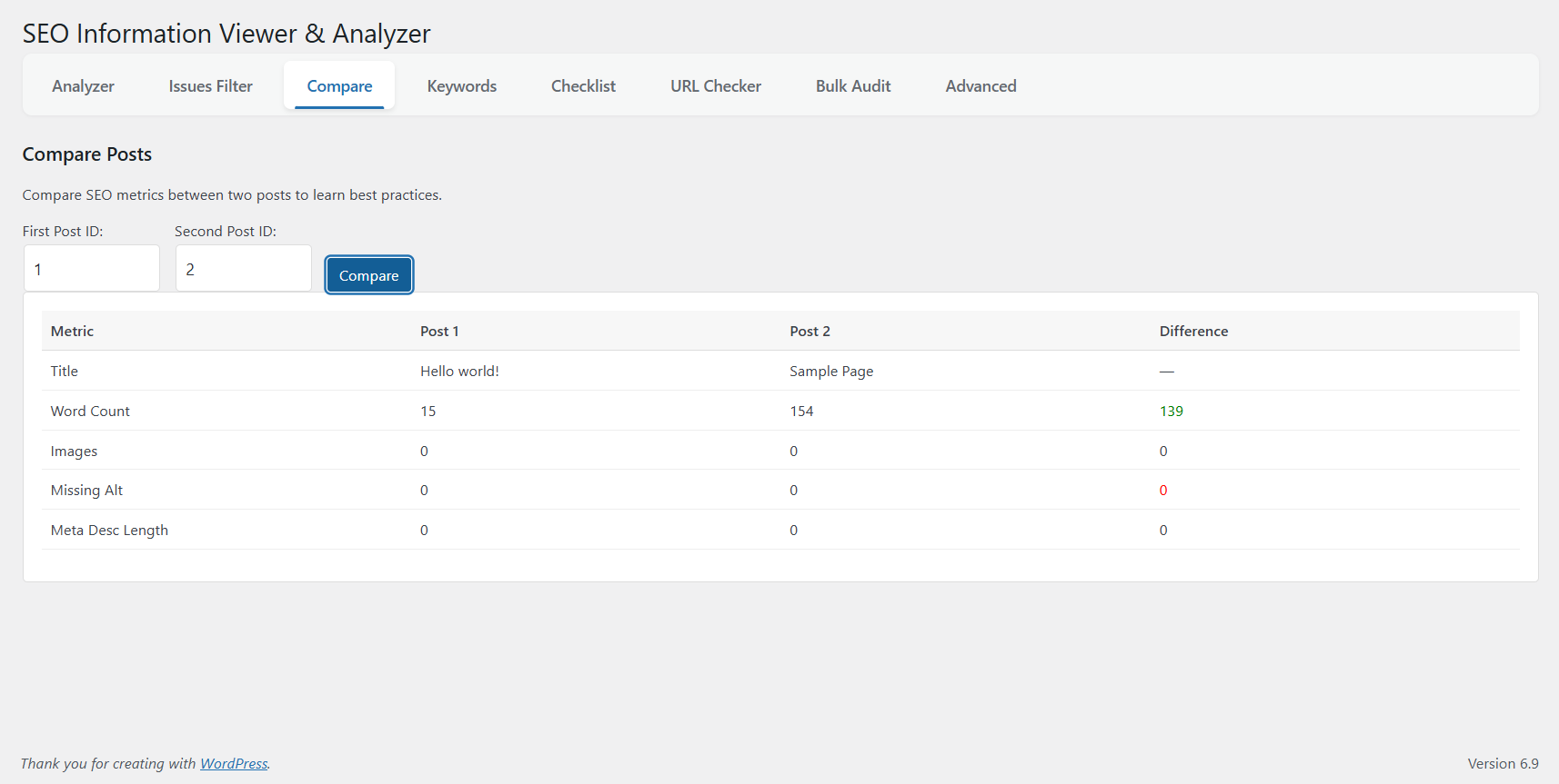 Compare SEO metrics between two posts