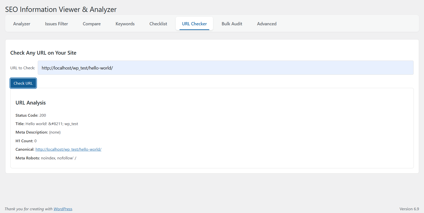 URL Checker with status, meta tags, canonical & robots analysis