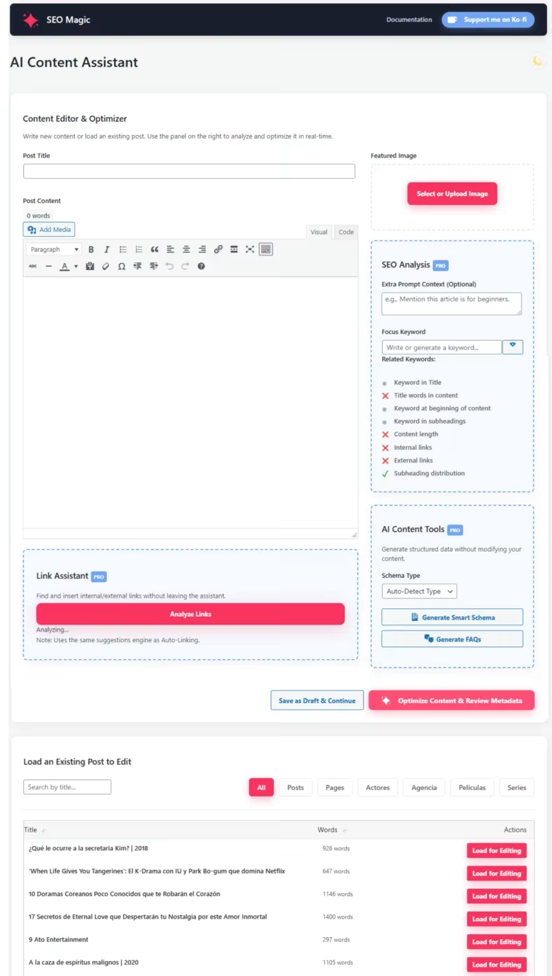 Optional AI generation modal for suggested metadata.