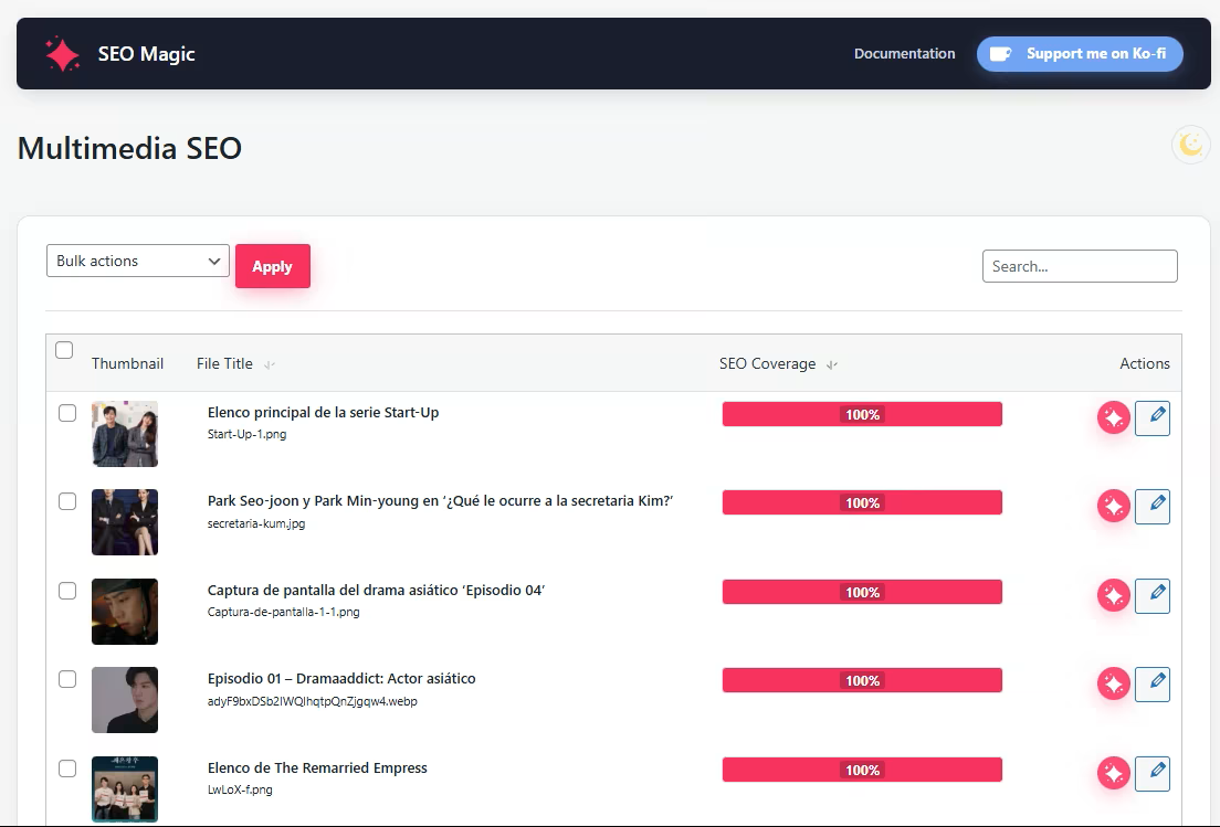 Multimedia SEO panel listing images and the modal to generate titles, alt text, captions and descriptions.