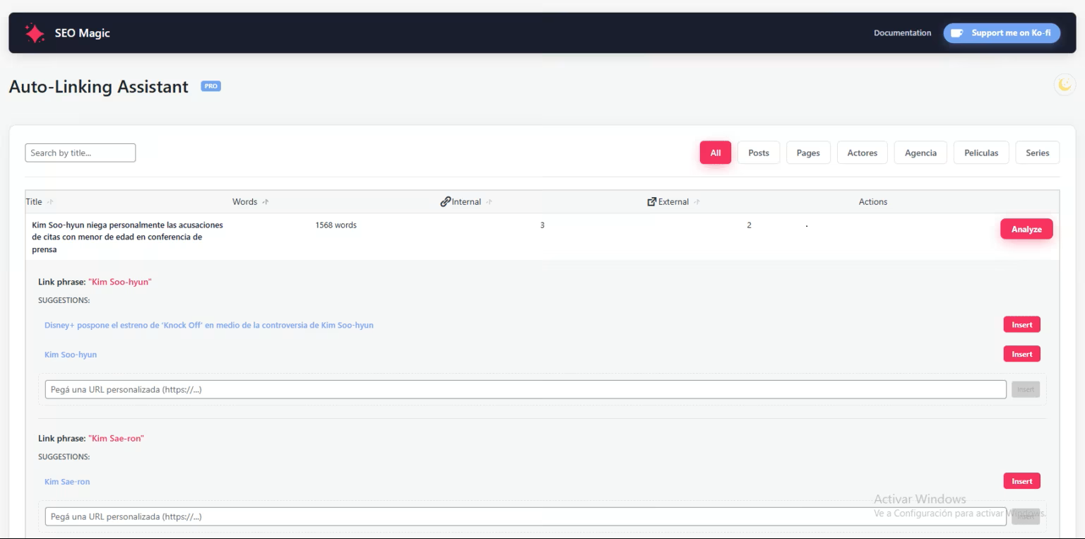 Auto-Linking Assistant (PRO) with suggested internal and external links based on your content.