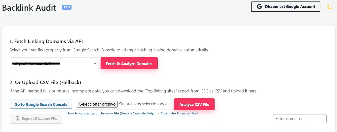 Backlink Audit (PRO) with risk labels, AI analysis and recommendations for each referring domain.