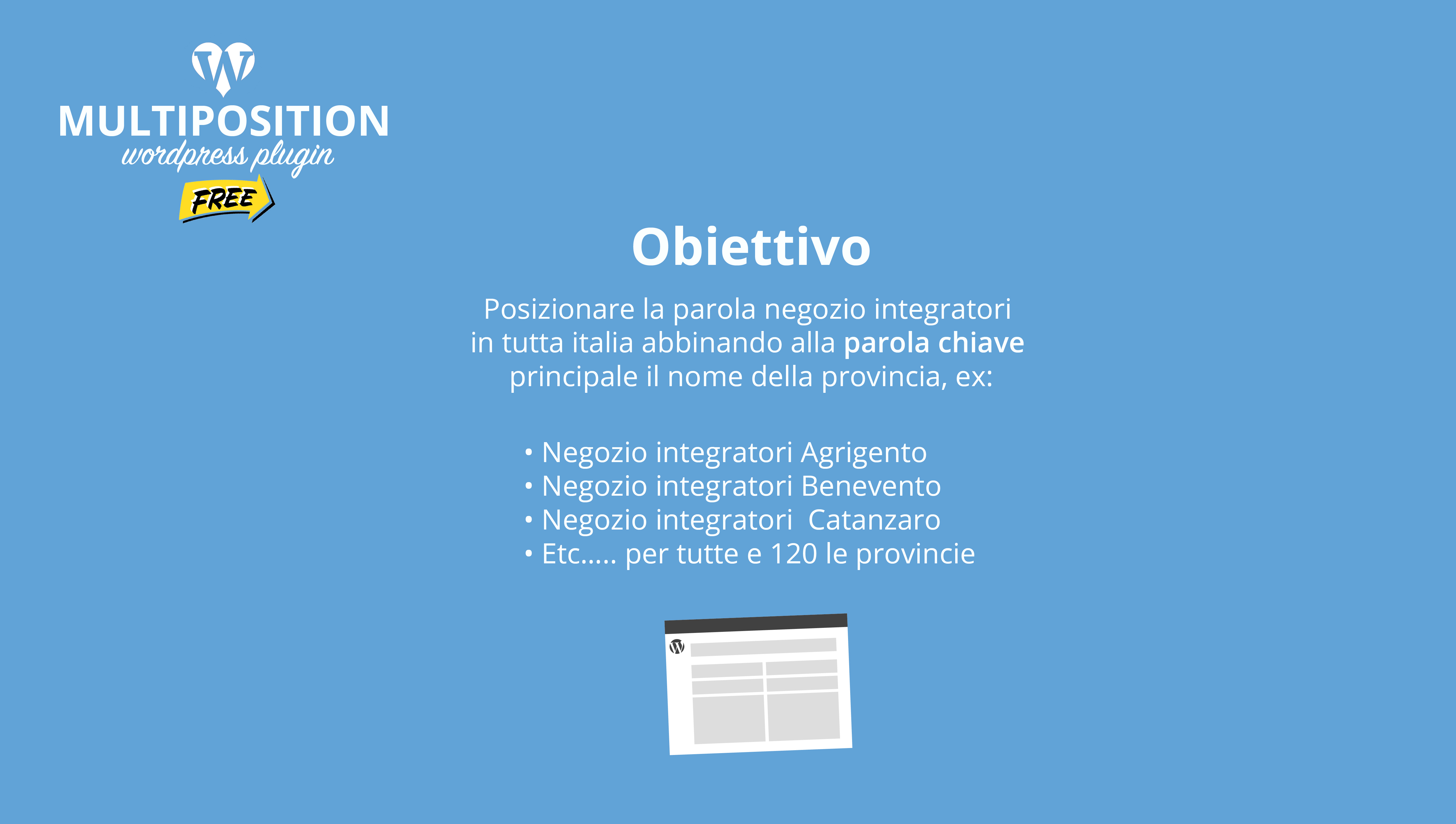 Problema:  Essendo delle landing page supponiamo che la grafica ed il testo della pagina rimangono simili, ma si differenziano nella parola chiave, dovremmo a mano crearci 120 pagine (1 per provincia), tempo di lavoro se siamo bravi almeno 4 ore.