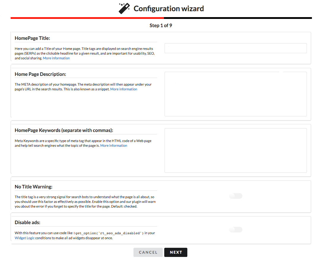 Example of the RealTime SEO configuration wizard.