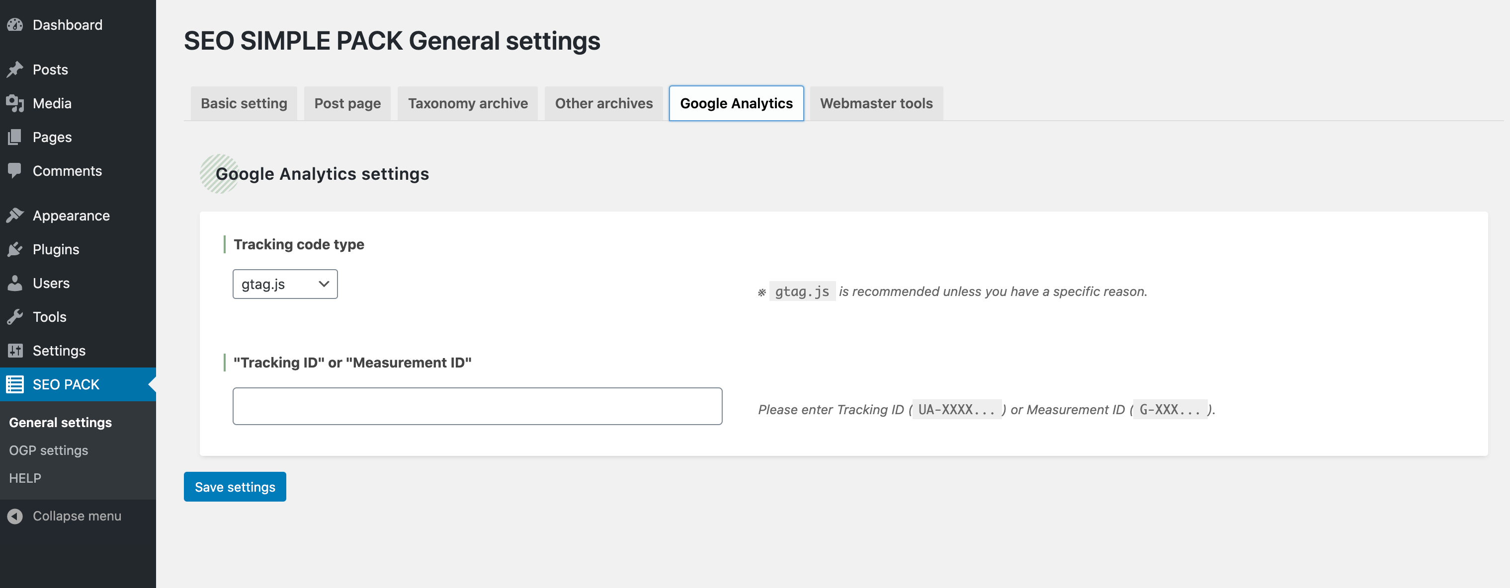 "Google Analytics Code setting" screen