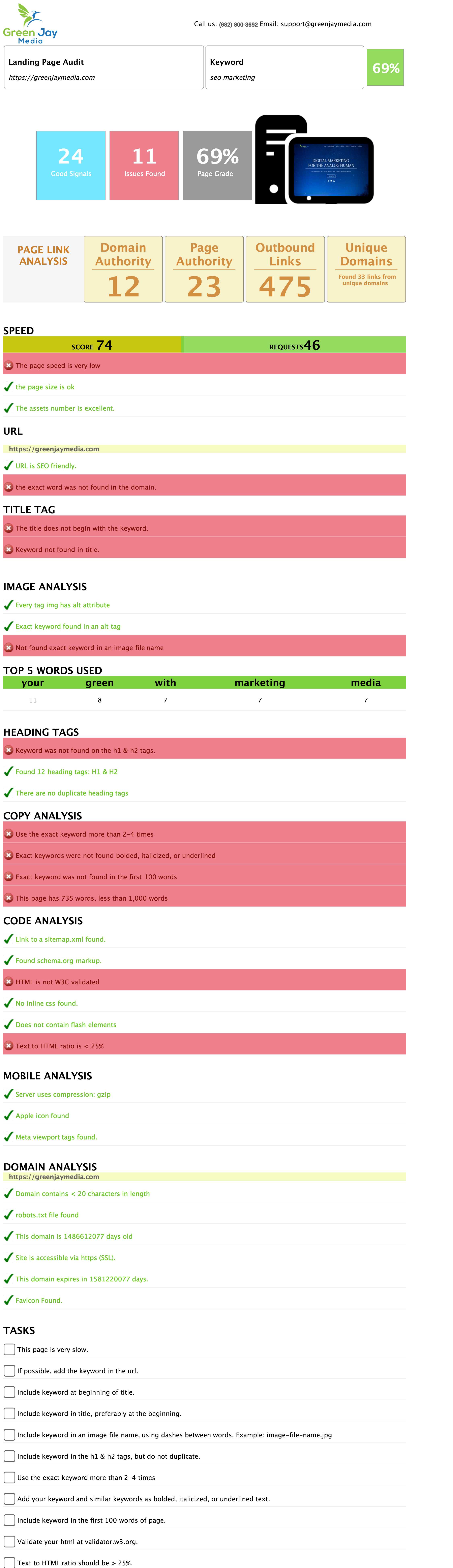 SEO report generated after the form submission