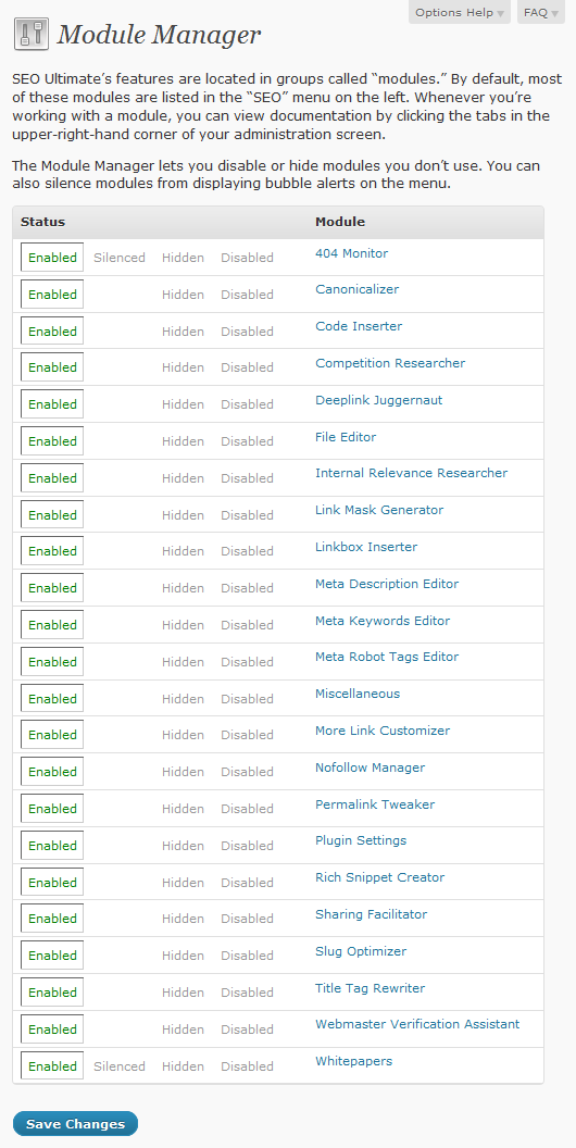 Module Manager lets you enable, disable, or hide SEO Ultimate features