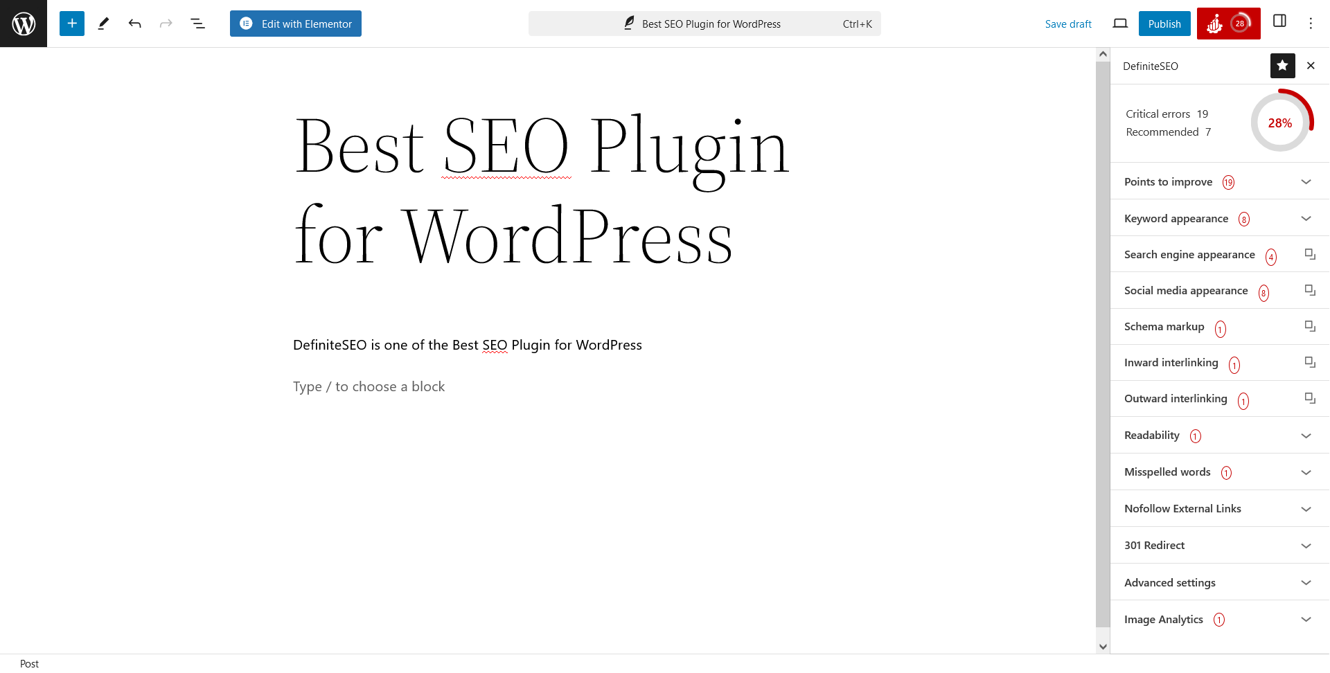 This is a preview of DefiniteSEO post side options with Gutenberg editor enabled.