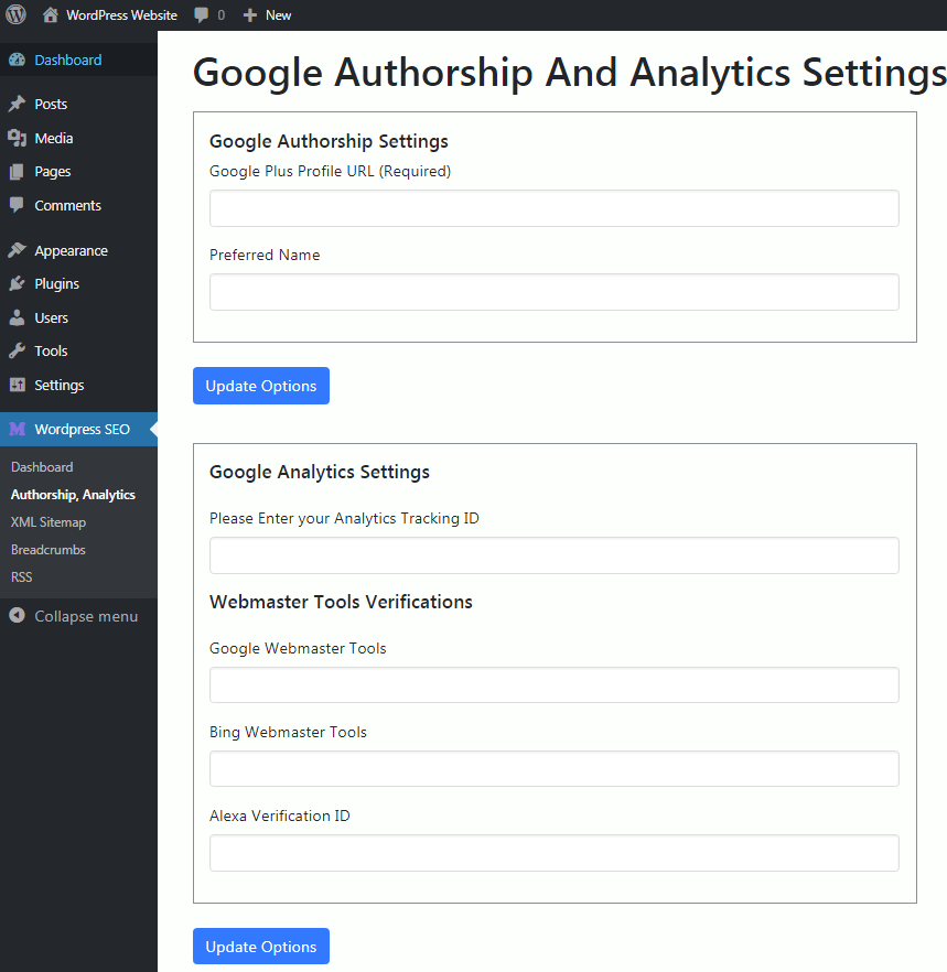 Google Authorship and Analytics Settings Page