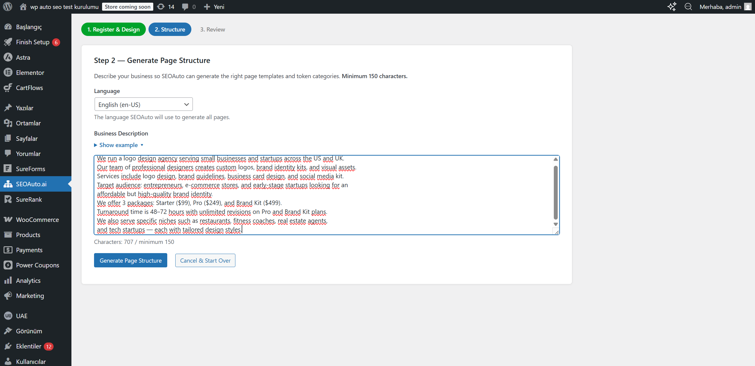 Setup wizard — step 2: keyword & language configuration.