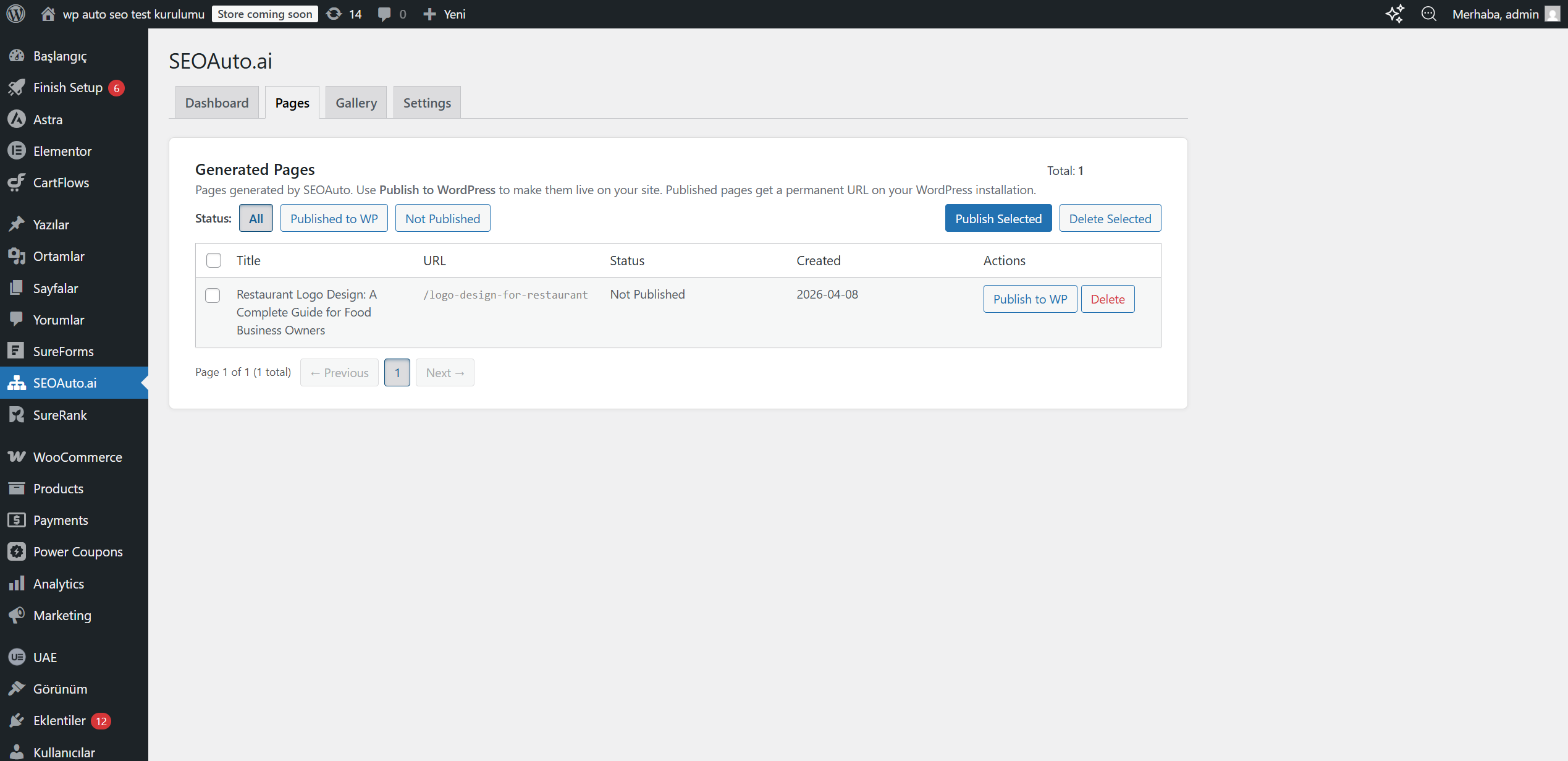 Pages tab — one-click publish/unpublish.