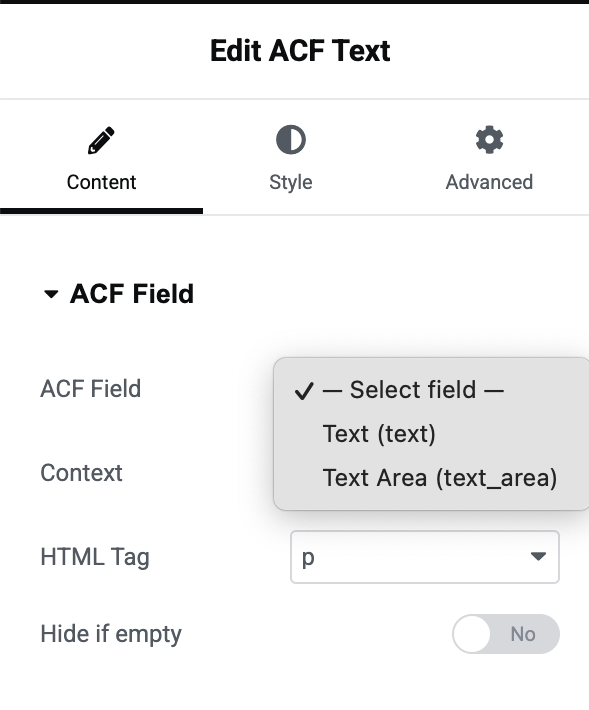 **Edit ACF Text** — Content tab: choose the ACF field (e.g. Text, Text Area), set the HTML tag (e.g. `p`), and options like “Hide if empty.”